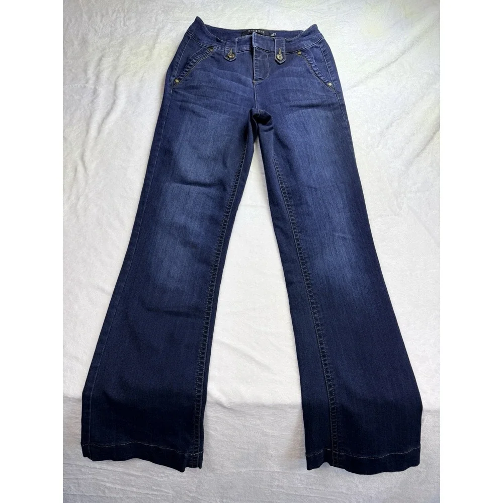 One 5 One Jeans Womens Sz 2 Trouser  Bootcut Denim Welt‎ Back Pockets Lined Boho